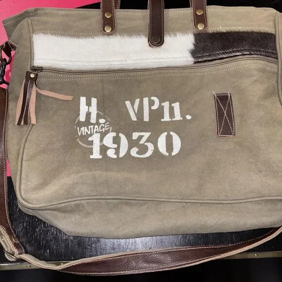 Myra 1930 Classic Messenger Bag Purse Leather Cowhide Canvas Boho Bag Cow Y2K - Picture 2 of 6